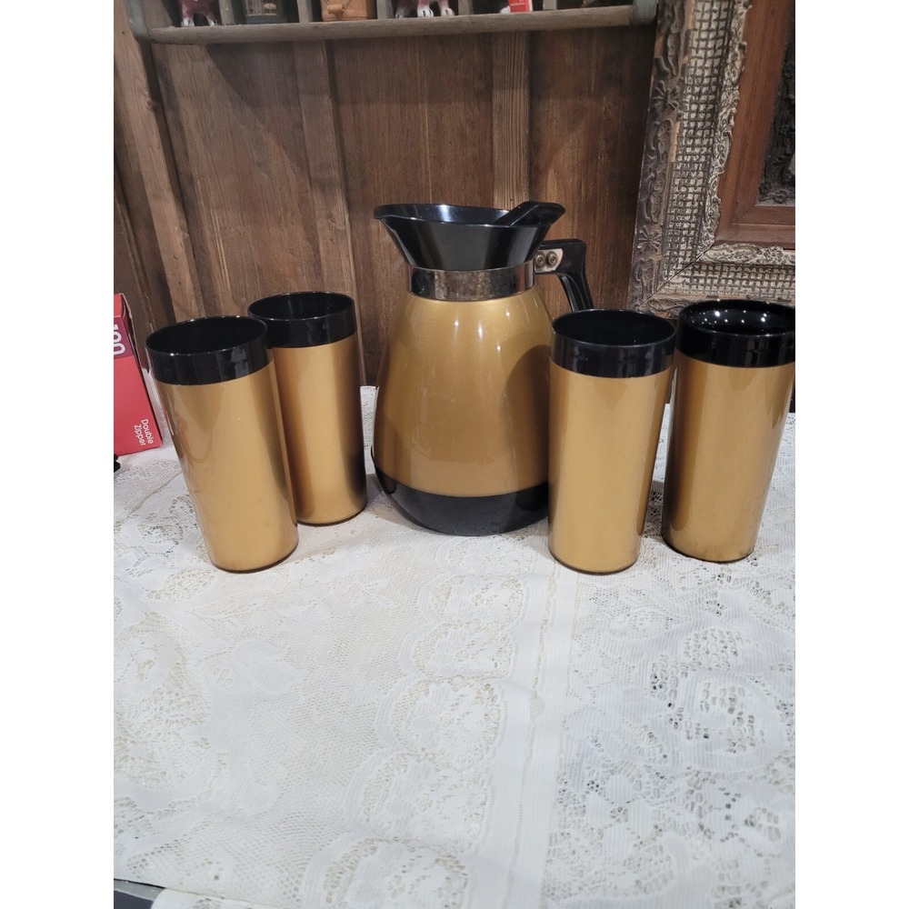 Vintage Thermo Serv Carafe and Tumblers Gold Black West Bend MCM coffee bar Rare